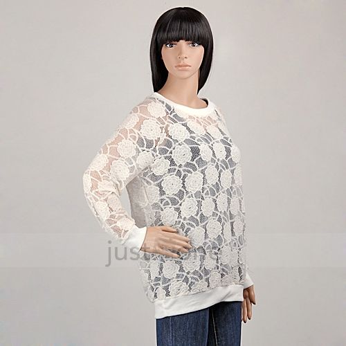Womens chic See through Lace Floral Long Sleeve Casual T Shirt Tops 