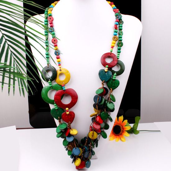 Handmade Multi color Coconut Shell Beads Necklace 34L  
