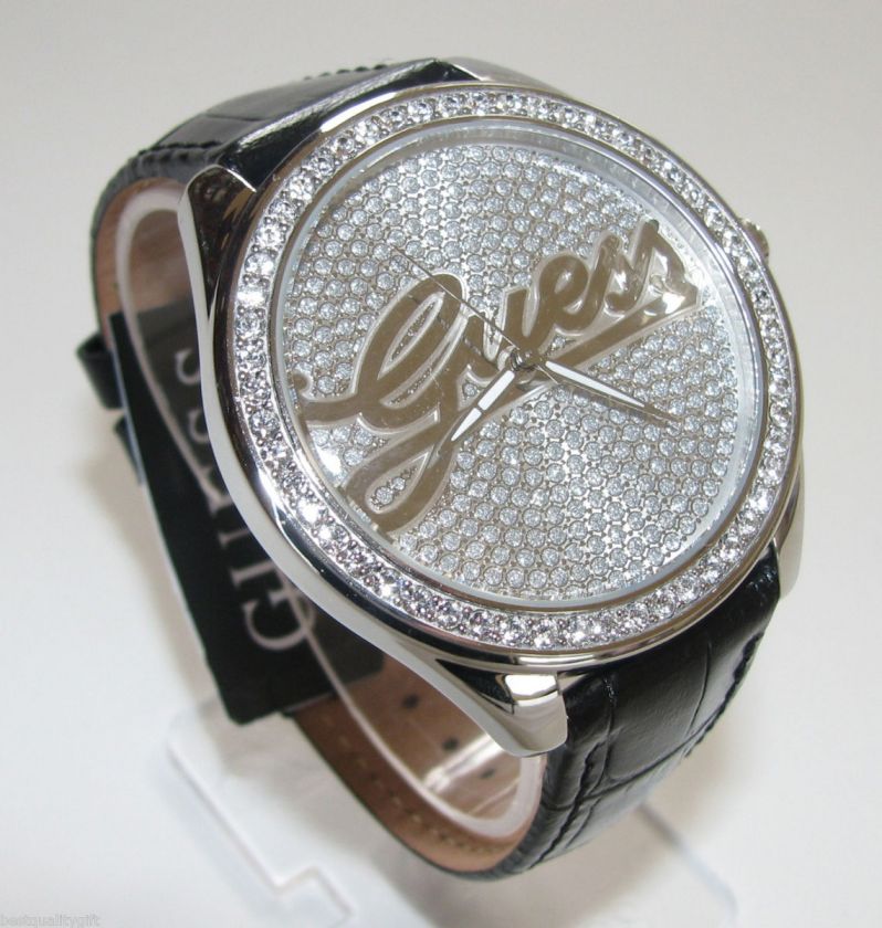 GUESS WATCH BLACK LEATHER w/ SILVER PAVE CRYSTAL DIAL WATCH W70011L1 